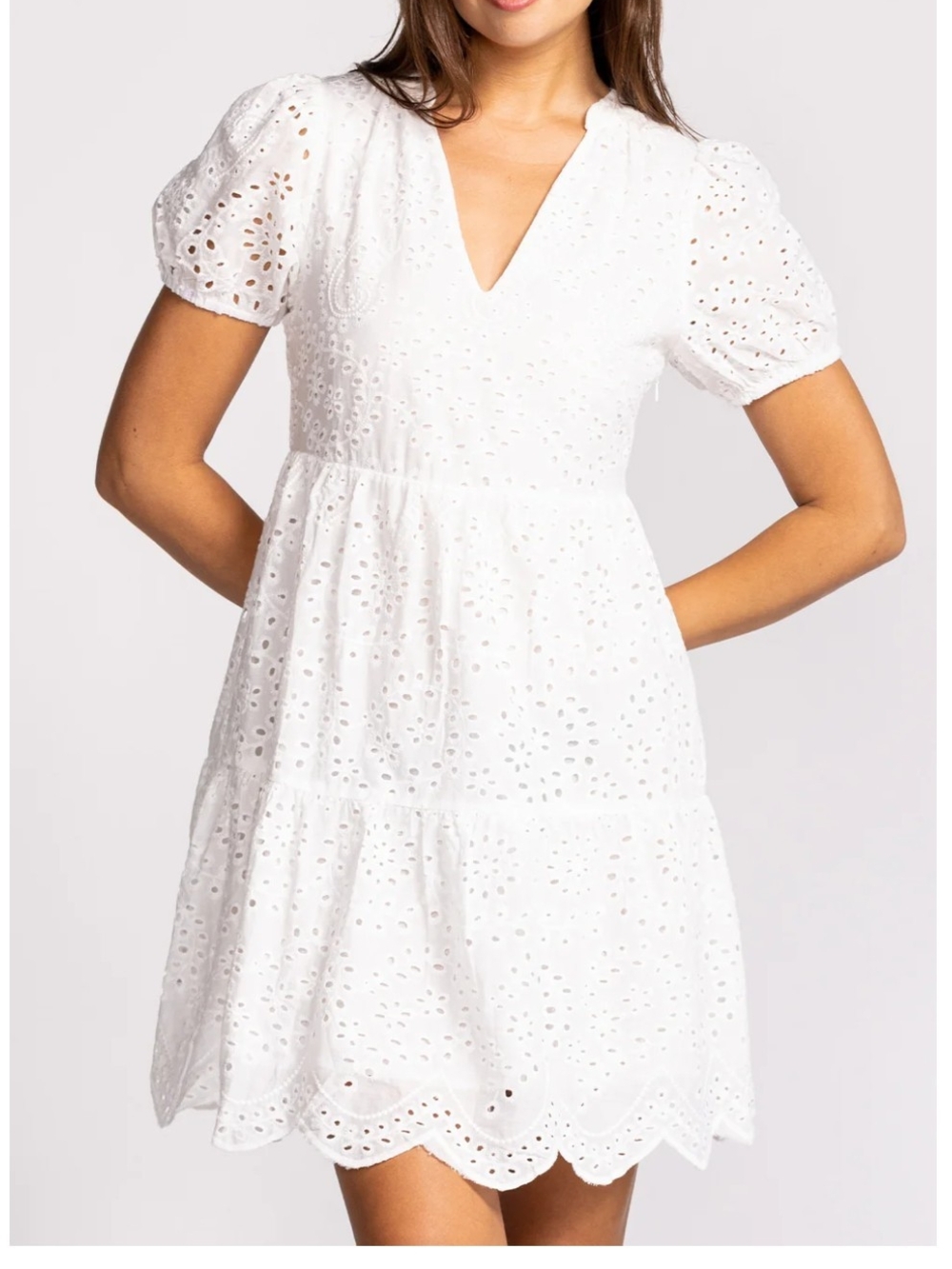 Pink Martini White Eyelet V-Neck Mini Dress with Puff Sleeves